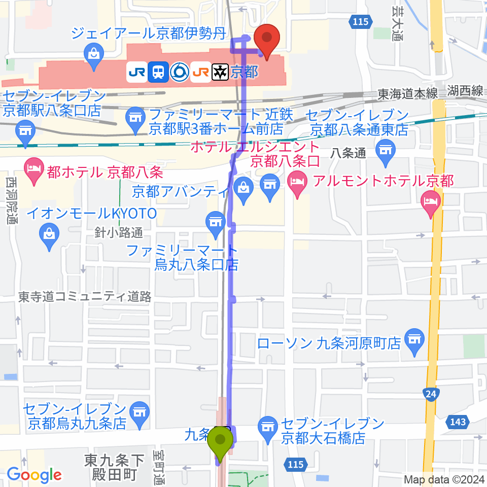 九条駅から京都劇場へのルートマップ地図