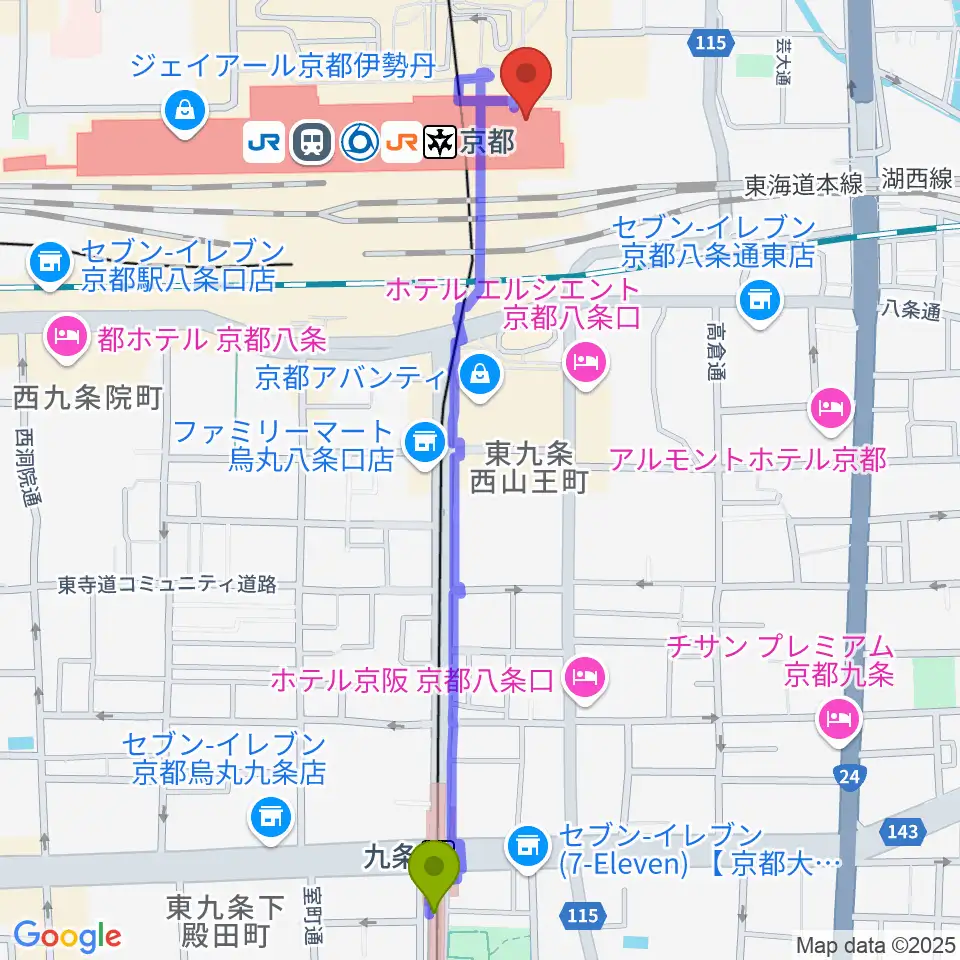 九条駅から京都劇場へのルートマップ地図