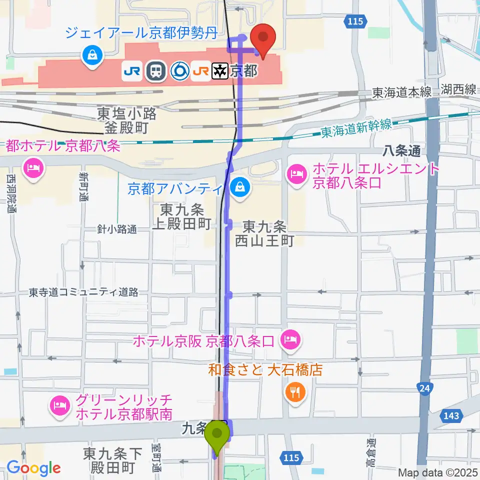 九条駅から京都劇場へのルートマップ地図