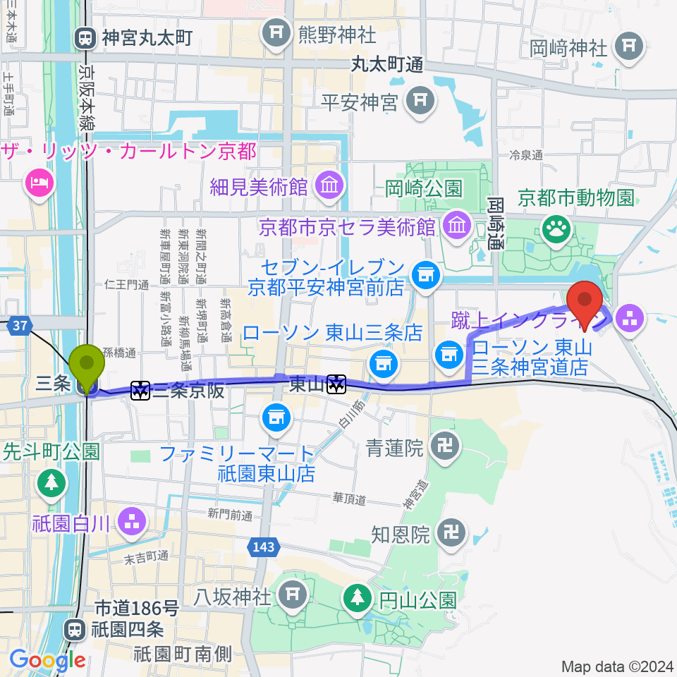 三条駅から京都市国際交流会館kokokaへのルートマップ地図