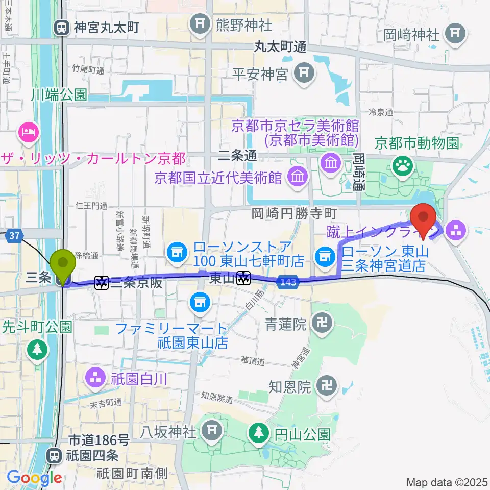 三条駅から京都市国際交流会館kokokaへのルートマップ地図