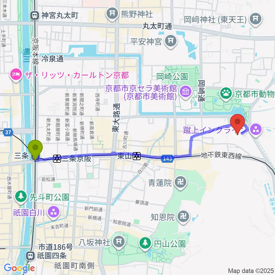 三条駅から京都市国際交流会館kokokaへのルートマップ地図