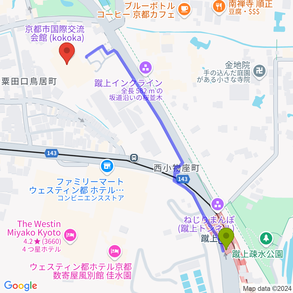 京都市国際交流会館kokokaの最寄駅蹴上駅からの徒歩ルート（約7分）地図