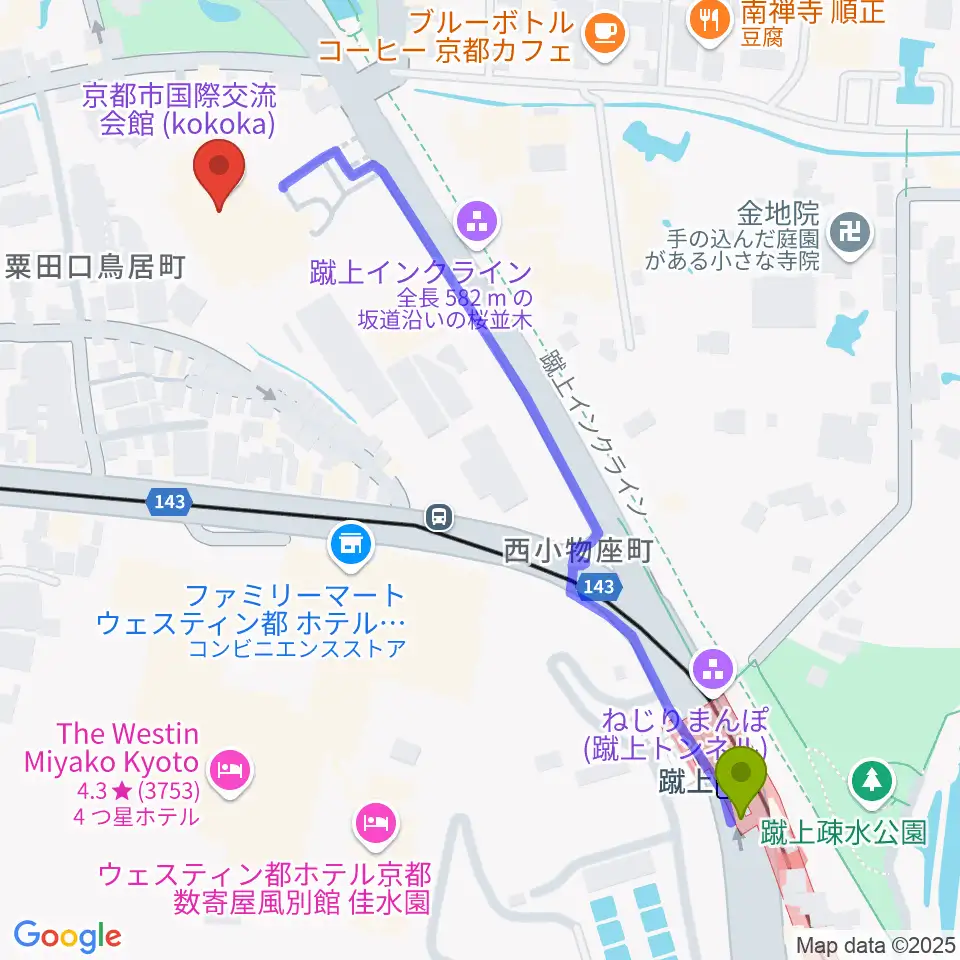 京都市国際交流会館kokokaの最寄駅蹴上駅からの徒歩ルート（約7分）地図