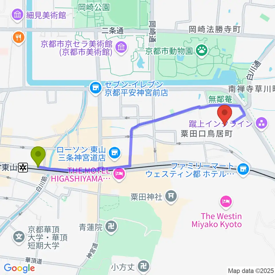 東山駅から京都市国際交流会館kokokaへのルートマップ地図