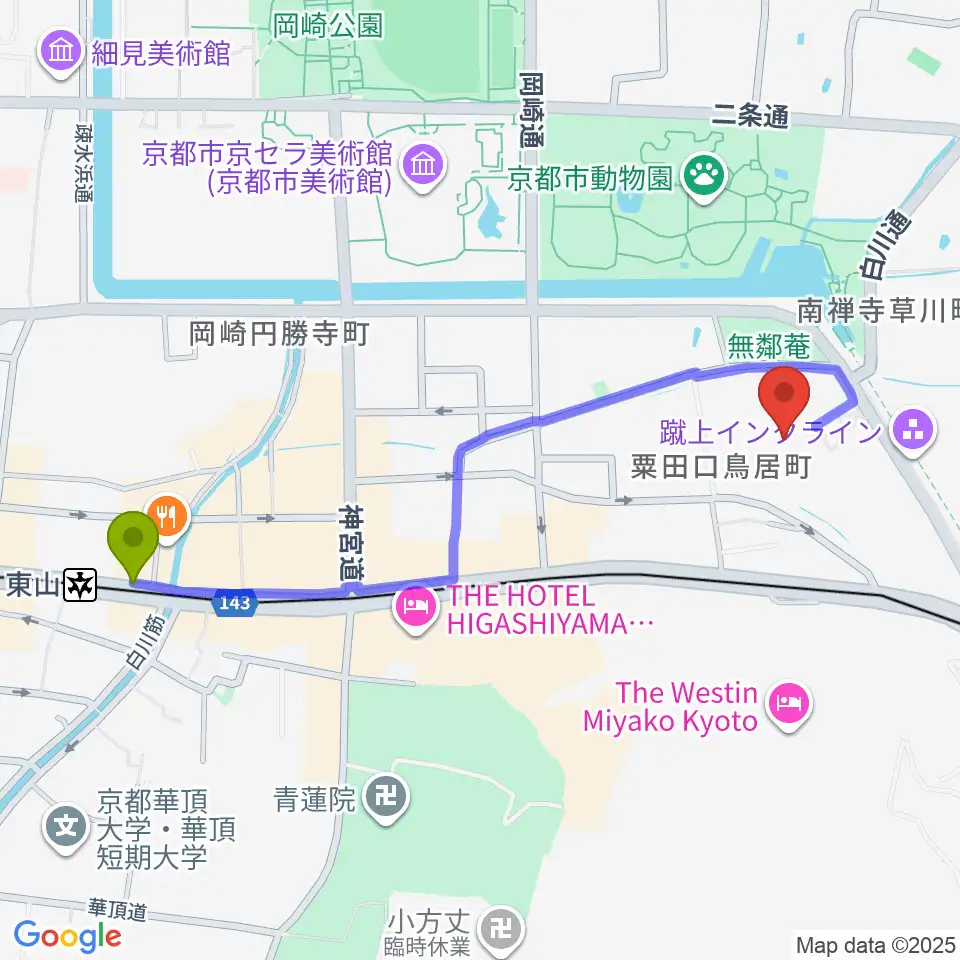 東山駅から京都市国際交流会館kokokaへのルートマップ地図