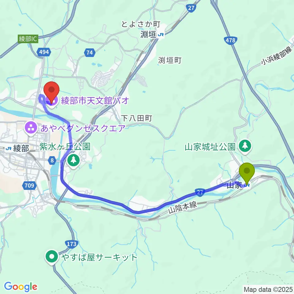 山家駅から京都府中丹文化会館へのルートマップ地図