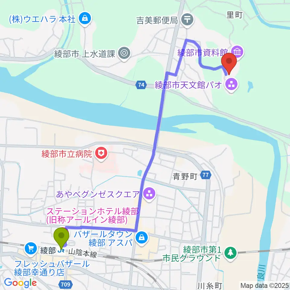 京都府中丹文化会館の最寄駅綾部駅からの徒歩ルート（約26分）地図