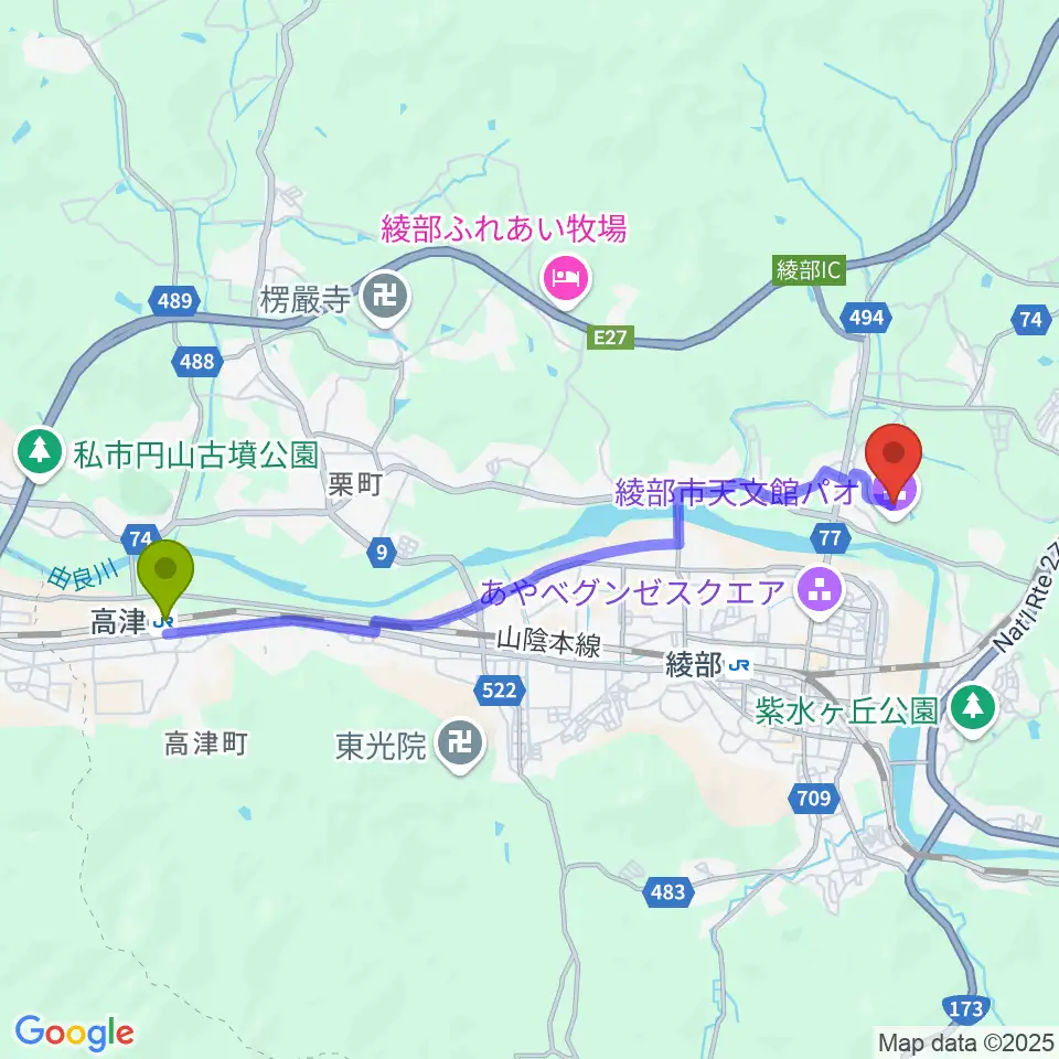 高津駅から京都府中丹文化会館へのルートマップ地図