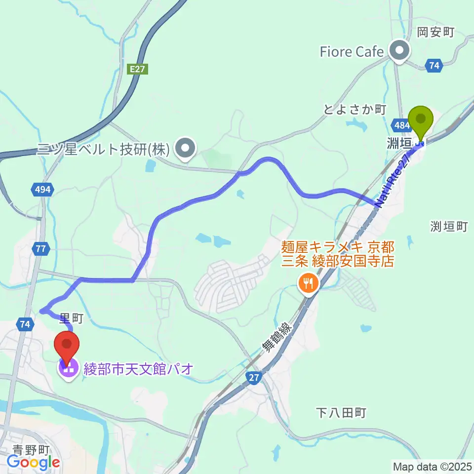 淵垣駅から京都府中丹文化会館へのルートマップ地図