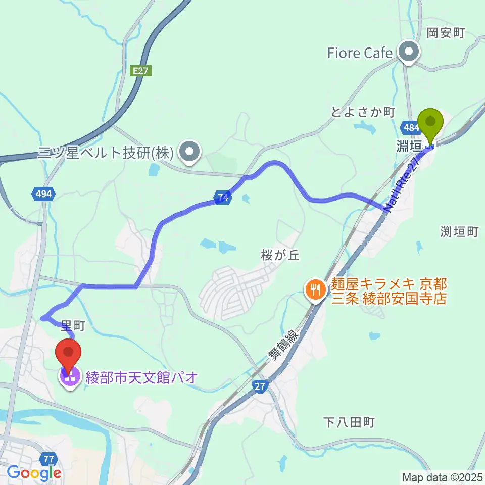 淵垣駅から京都府中丹文化会館へのルートマップ地図