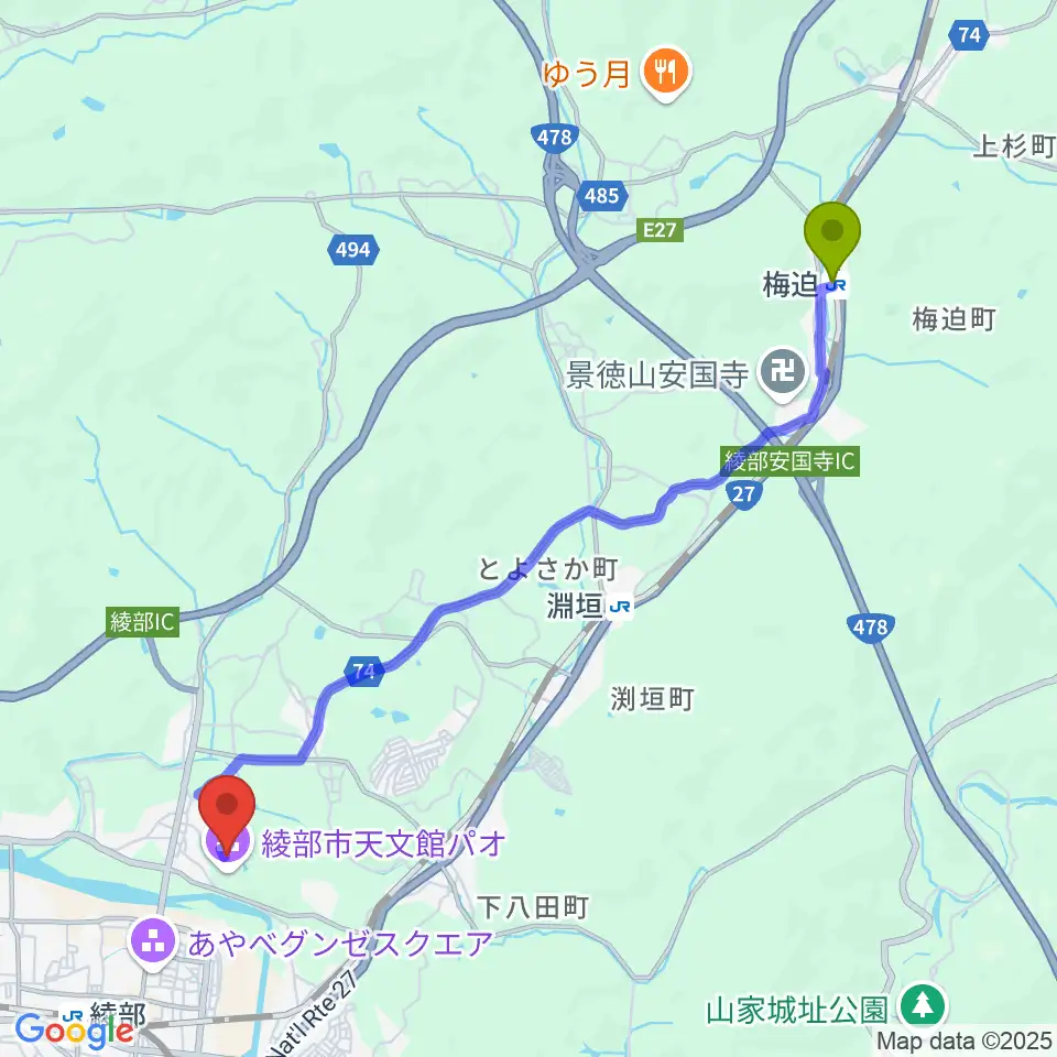 梅迫駅から京都府中丹文化会館へのルートマップ地図