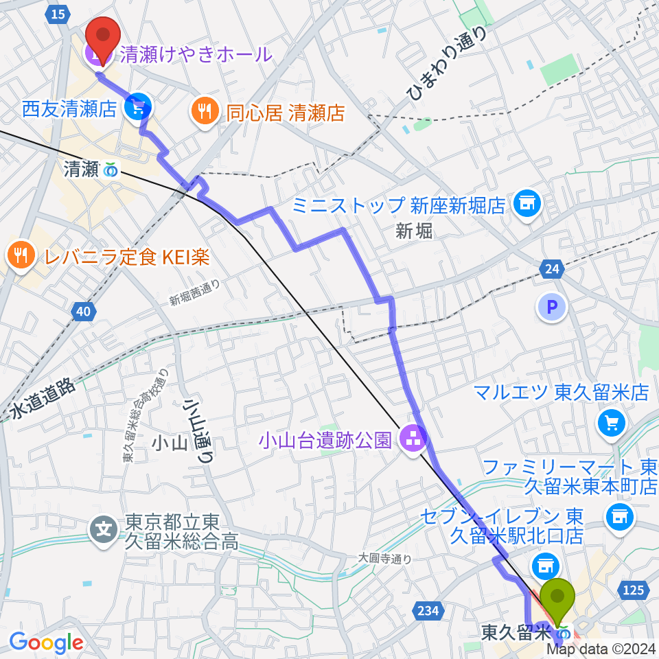 東久留米駅から清瀬けやきホールへのルートマップ地図