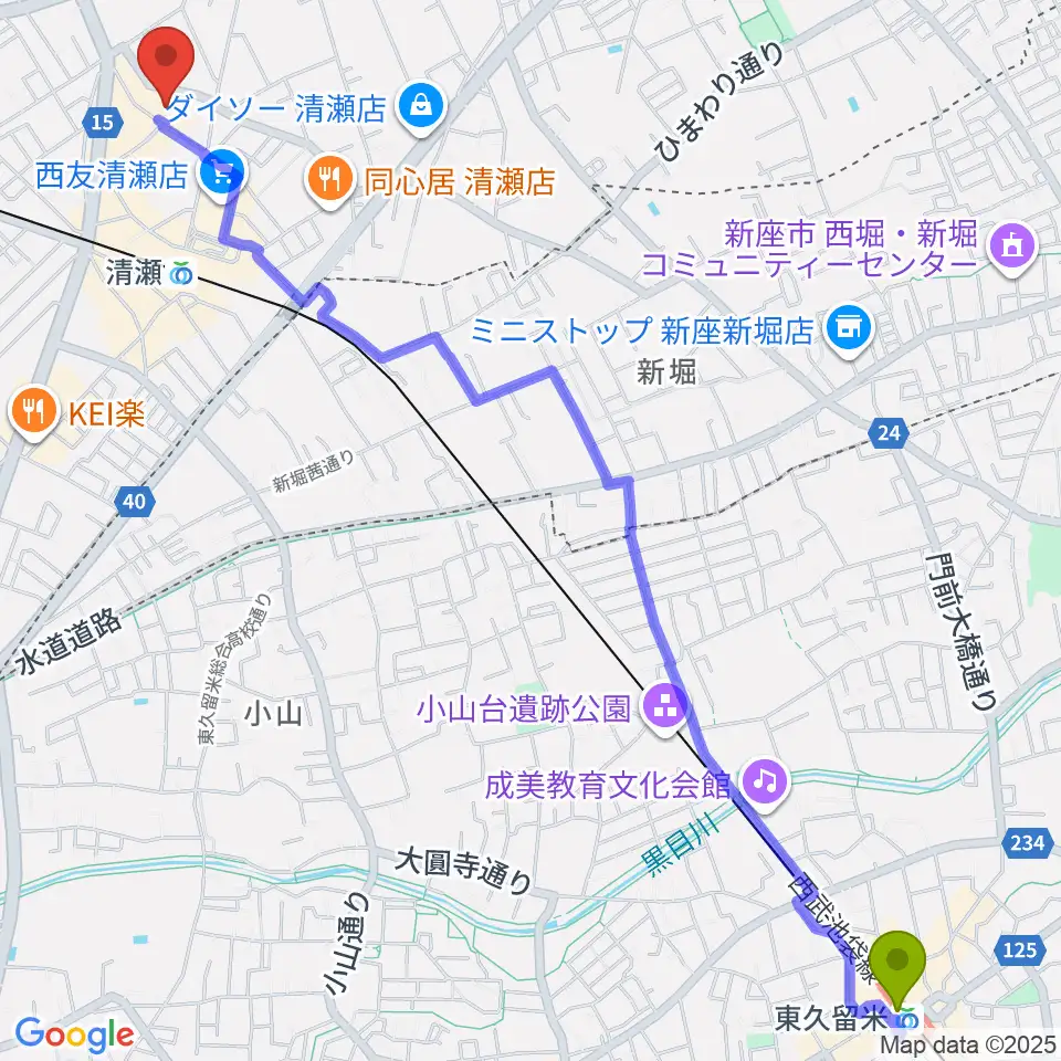 東久留米駅から清瀬けやきホールへのルートマップ地図