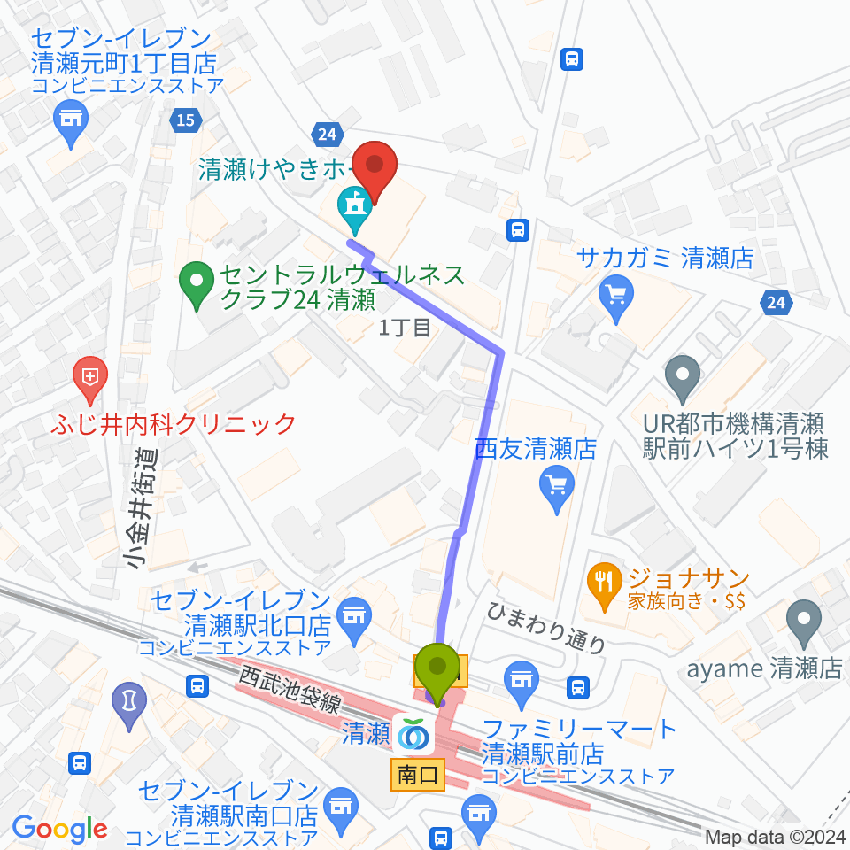 清瀬けやきホールの最寄駅清瀬駅からの徒歩ルート（約5分）地図