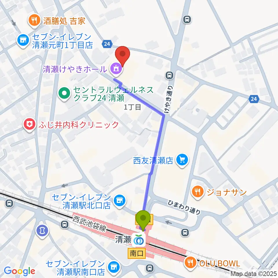 清瀬けやきホールの最寄駅清瀬駅からの徒歩ルート（約5分）地図