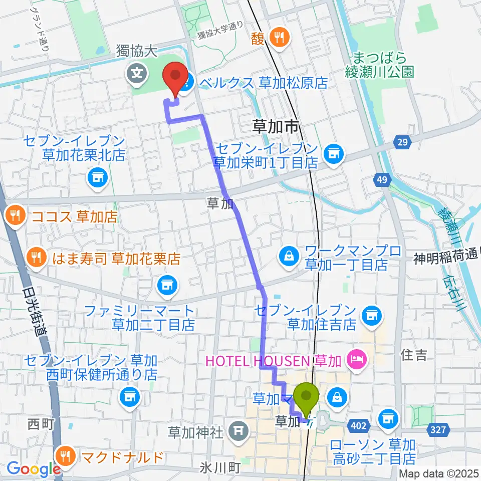 草加駅から草加カルチャーセンターへのルートマップ地図