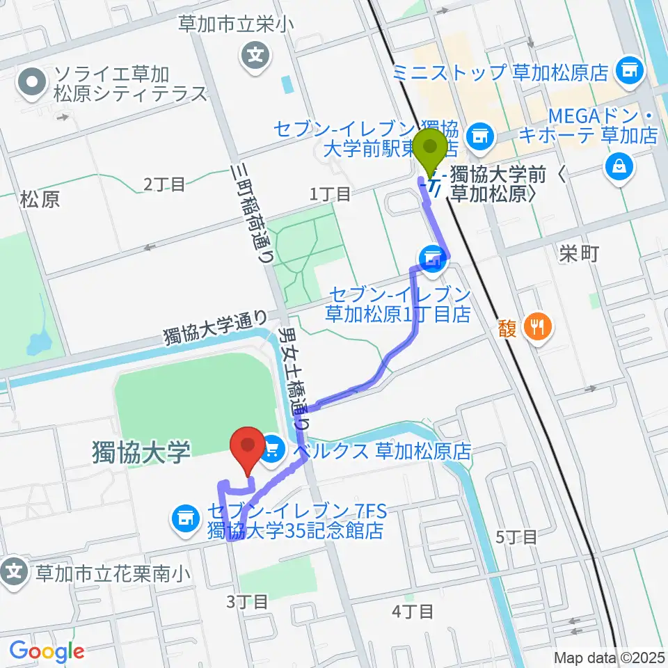 草加カルチャーセンターの最寄駅獨協大学前〈草加松原〉駅からの徒歩ルート（約8分）地図