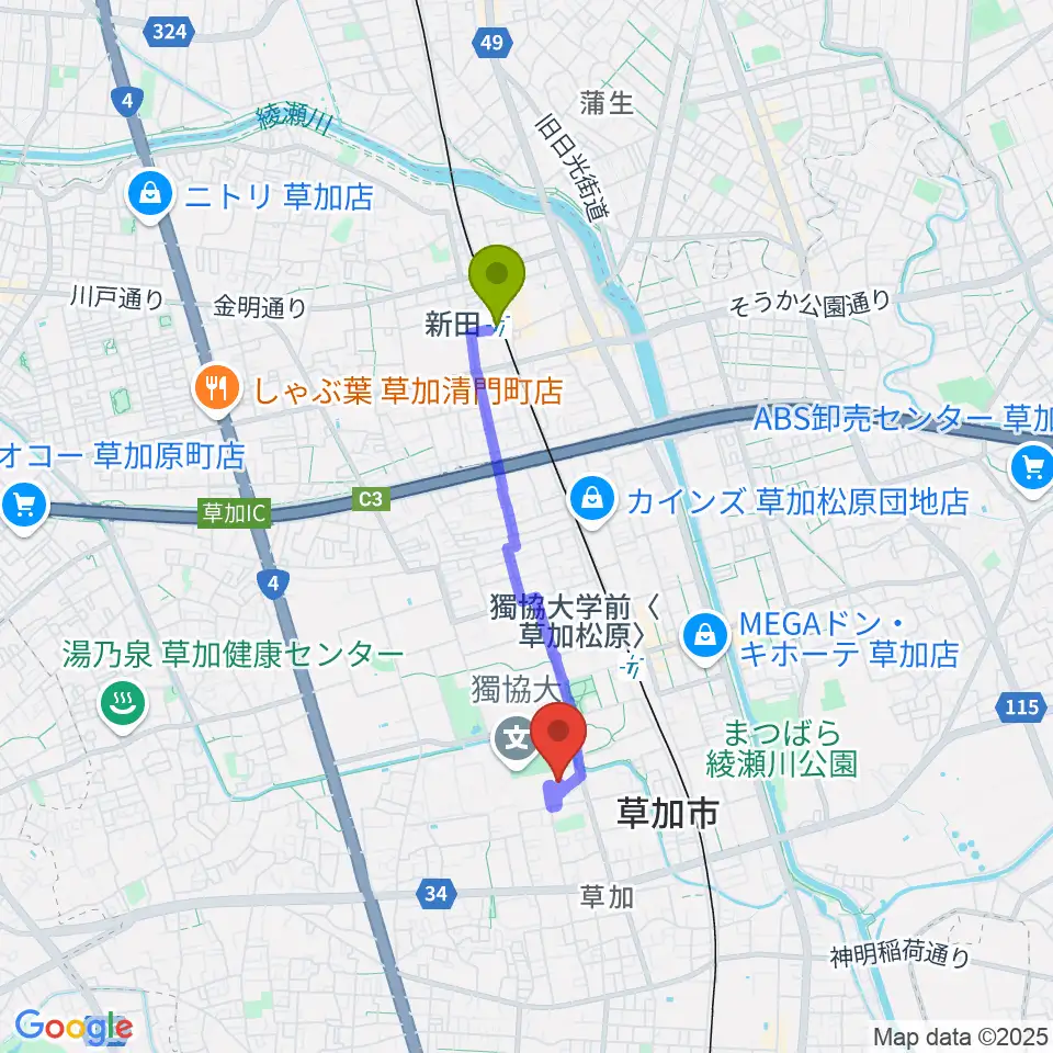 新田駅から草加カルチャーセンターへのルートマップ地図