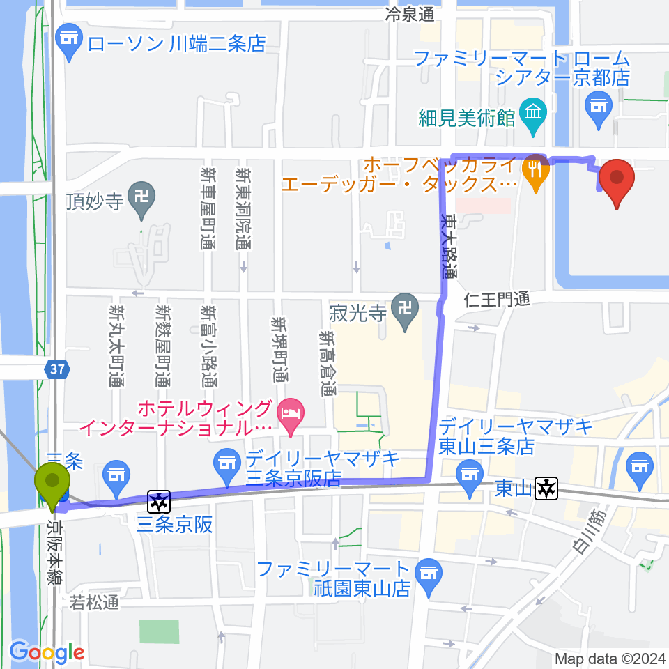 三条駅からみやこめっせ 京都市勧業館へのルートマップ地図