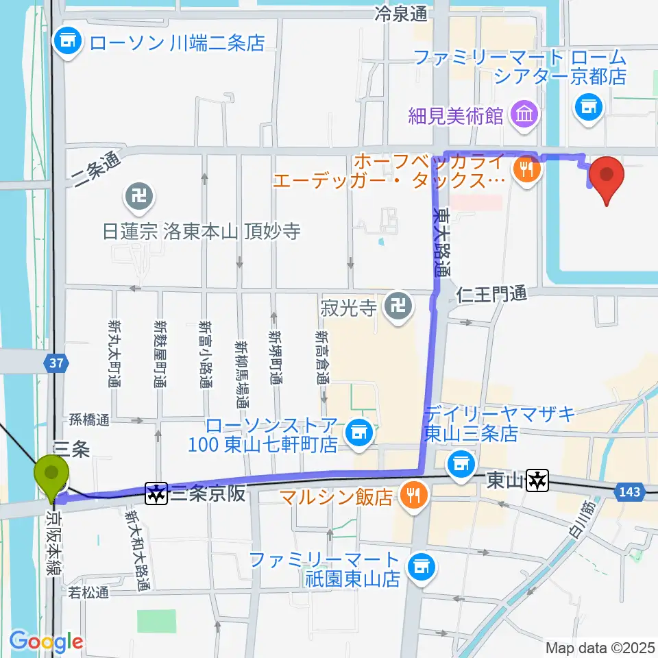 三条駅からみやこめっせ 京都市勧業館へのルートマップ地図