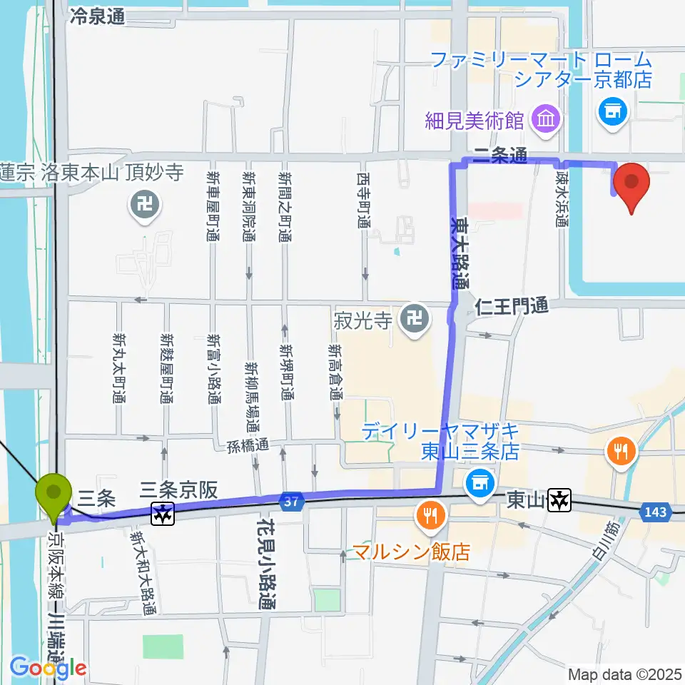 三条駅からみやこめっせ 京都市勧業館へのルートマップ地図