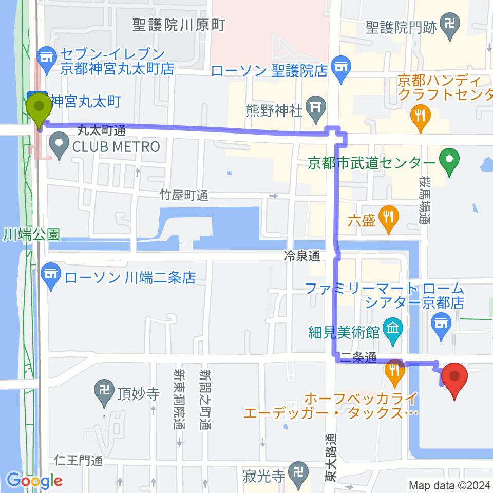 神宮丸太町駅からみやこめっせ 京都市勧業館へのルートマップ地図