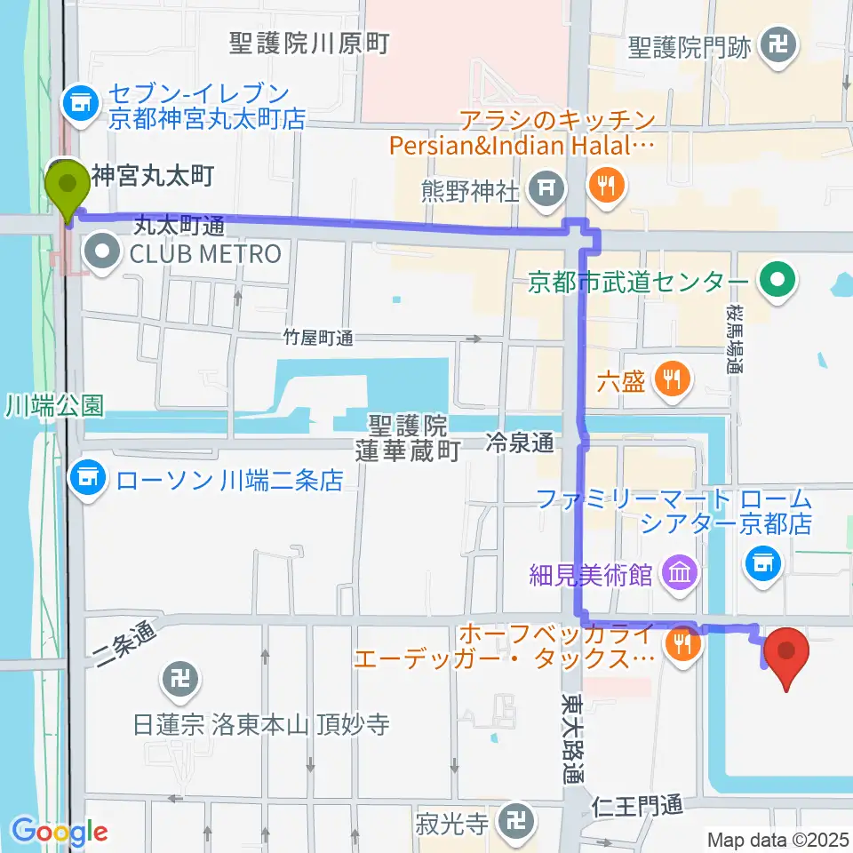 神宮丸太町駅からみやこめっせ 京都市勧業館へのルートマップ地図