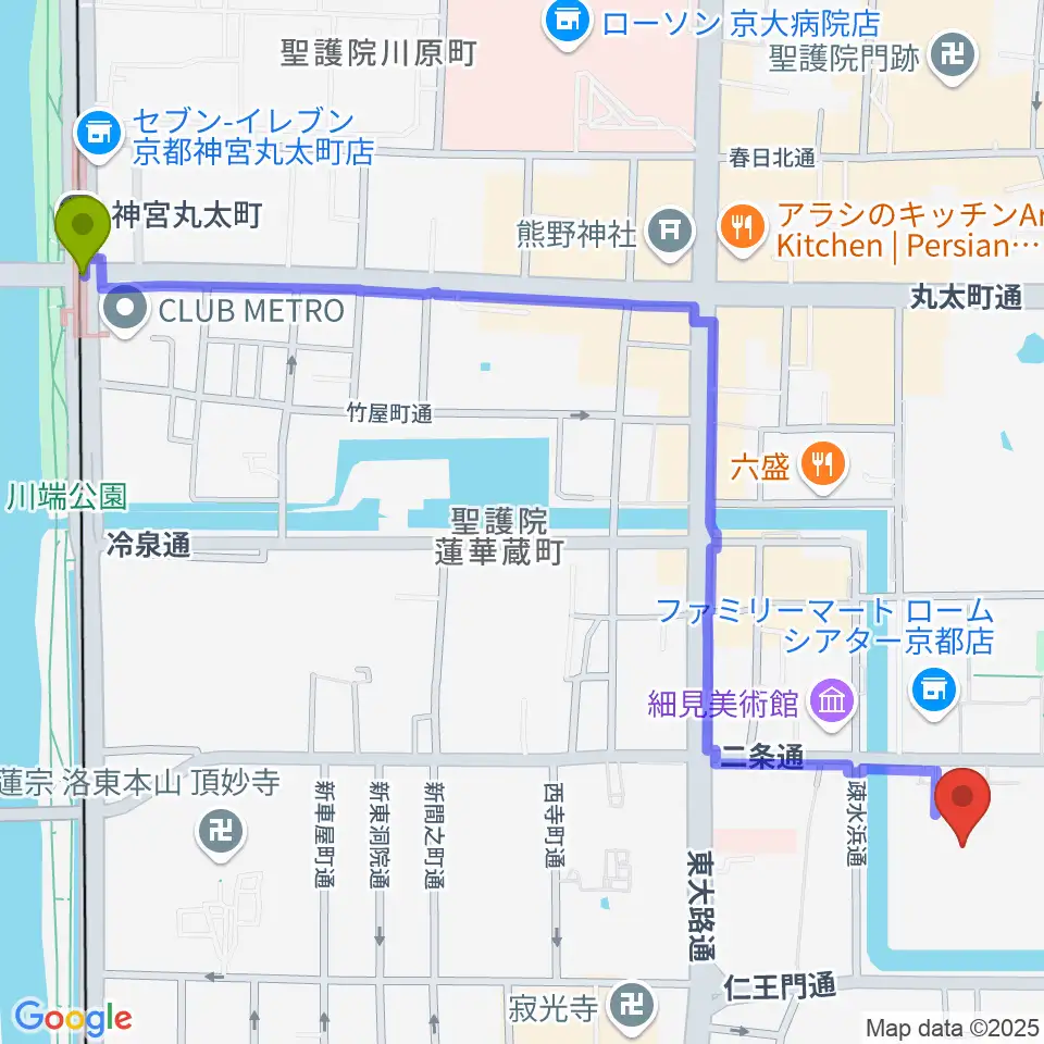 神宮丸太町駅からみやこめっせ 京都市勧業館へのルートマップ地図