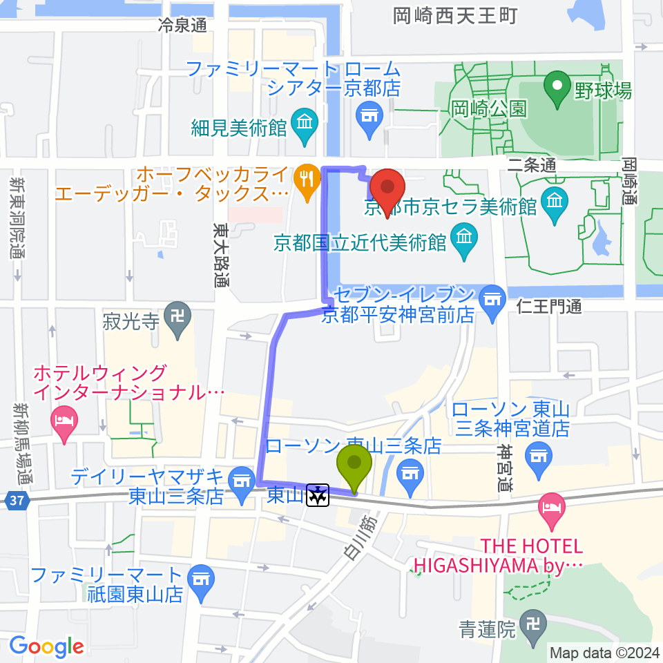 みやこめっせ 京都市勧業館の最寄駅東山駅からの徒歩ルート（約7分）地図
