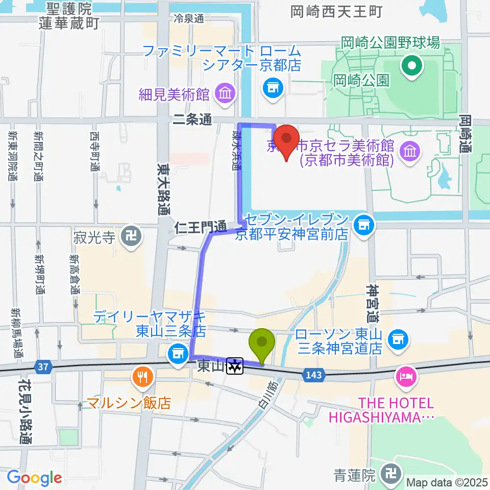 みやこめっせ 京都市勧業館の最寄駅東山駅からの徒歩ルート（約7分）地図