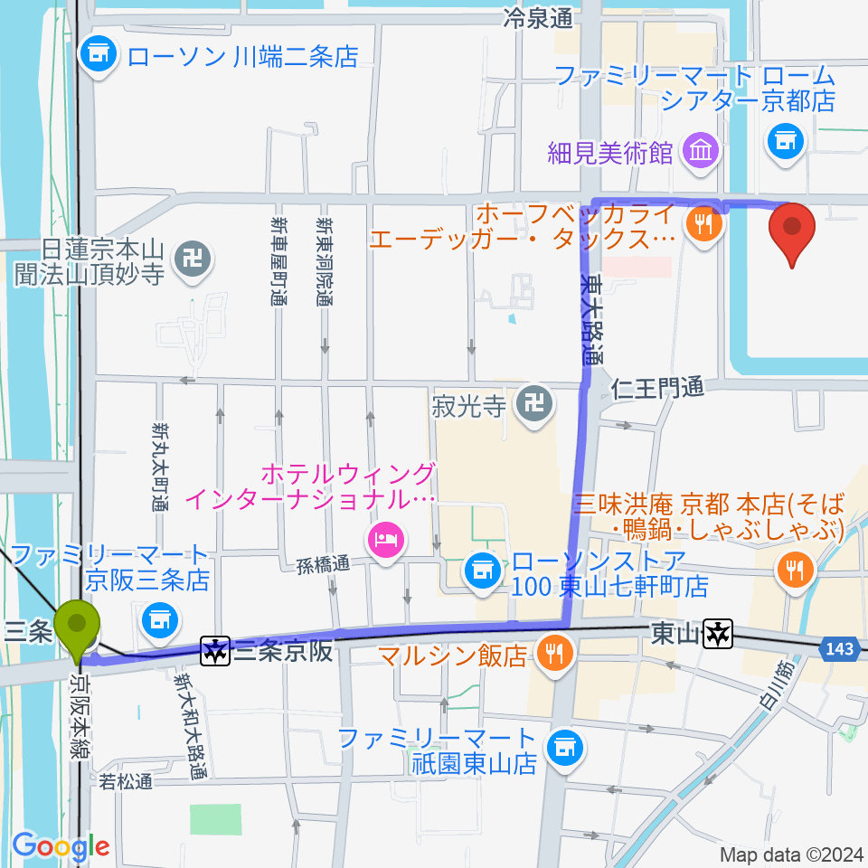 三条駅から京都伝統産業ミュージアムへのルートマップ地図