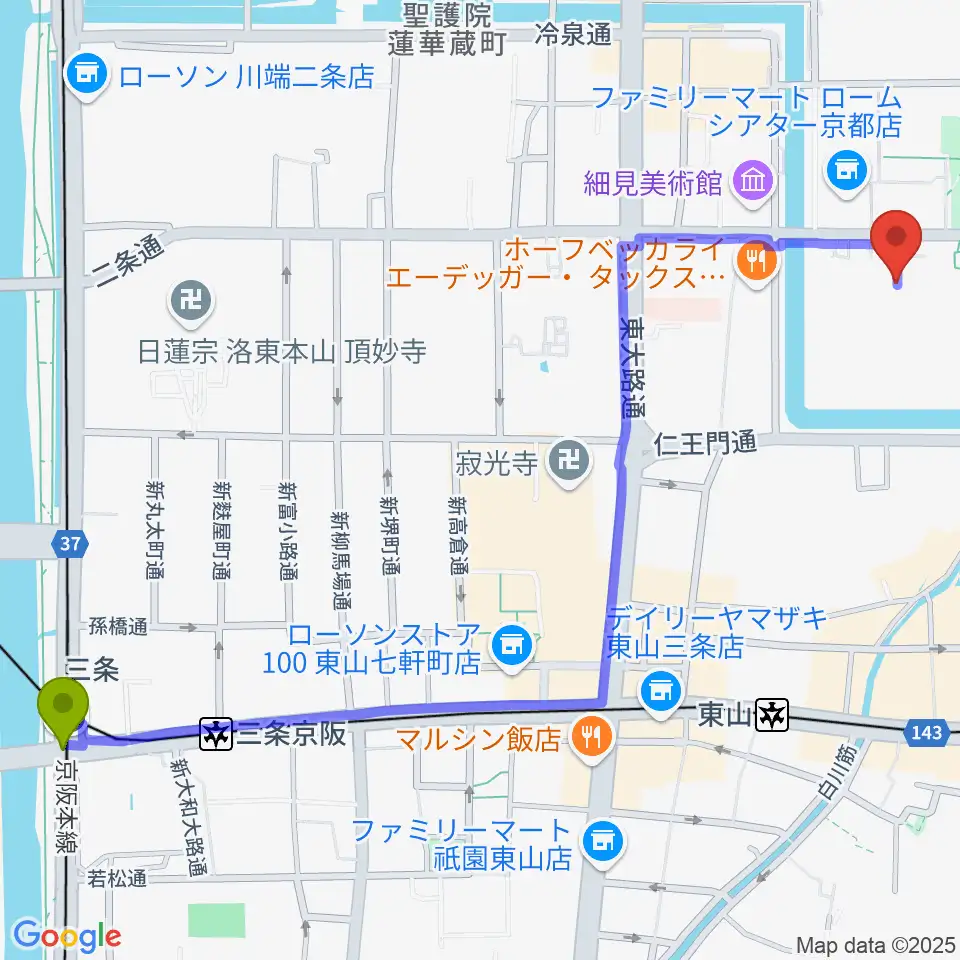 三条駅から京都伝統産業ミュージアムへのルートマップ地図