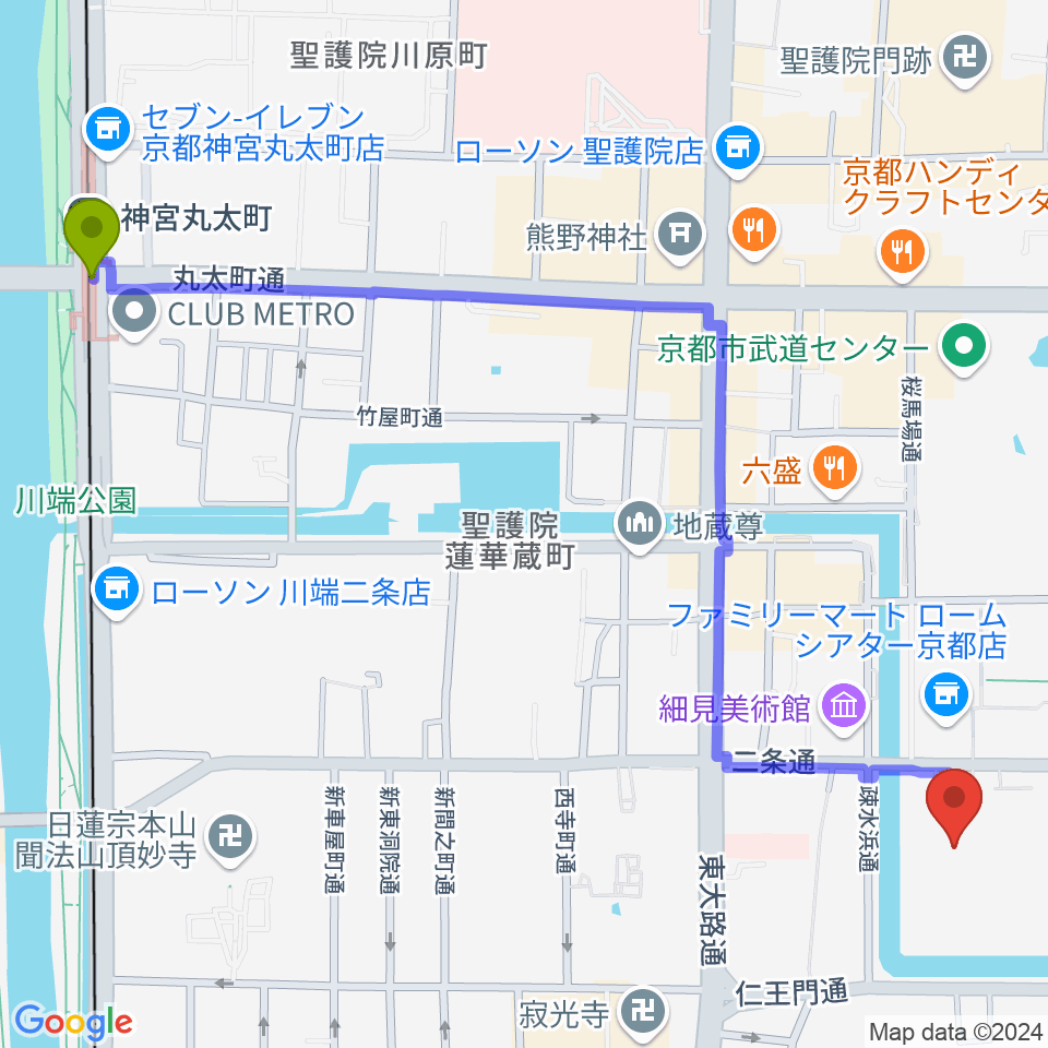神宮丸太町駅から京都伝統産業ミュージアムへのルートマップ地図