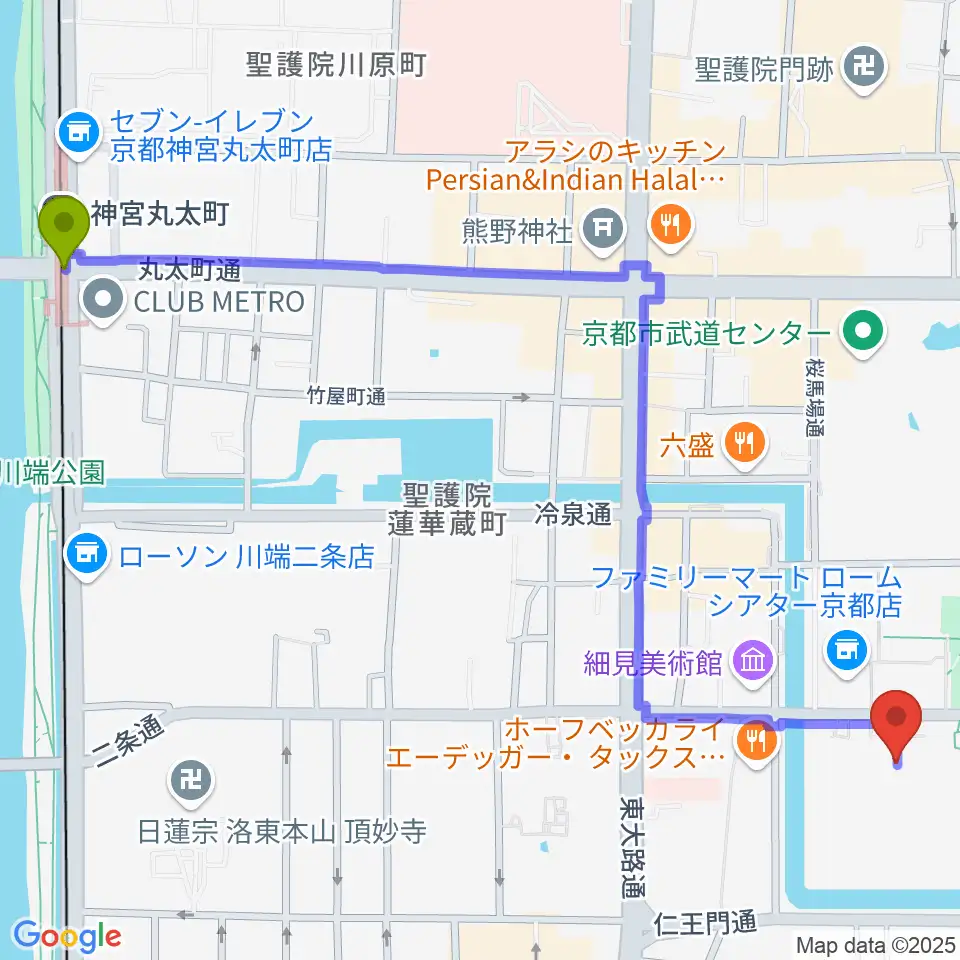 神宮丸太町駅から京都伝統産業ミュージアムへのルートマップ地図