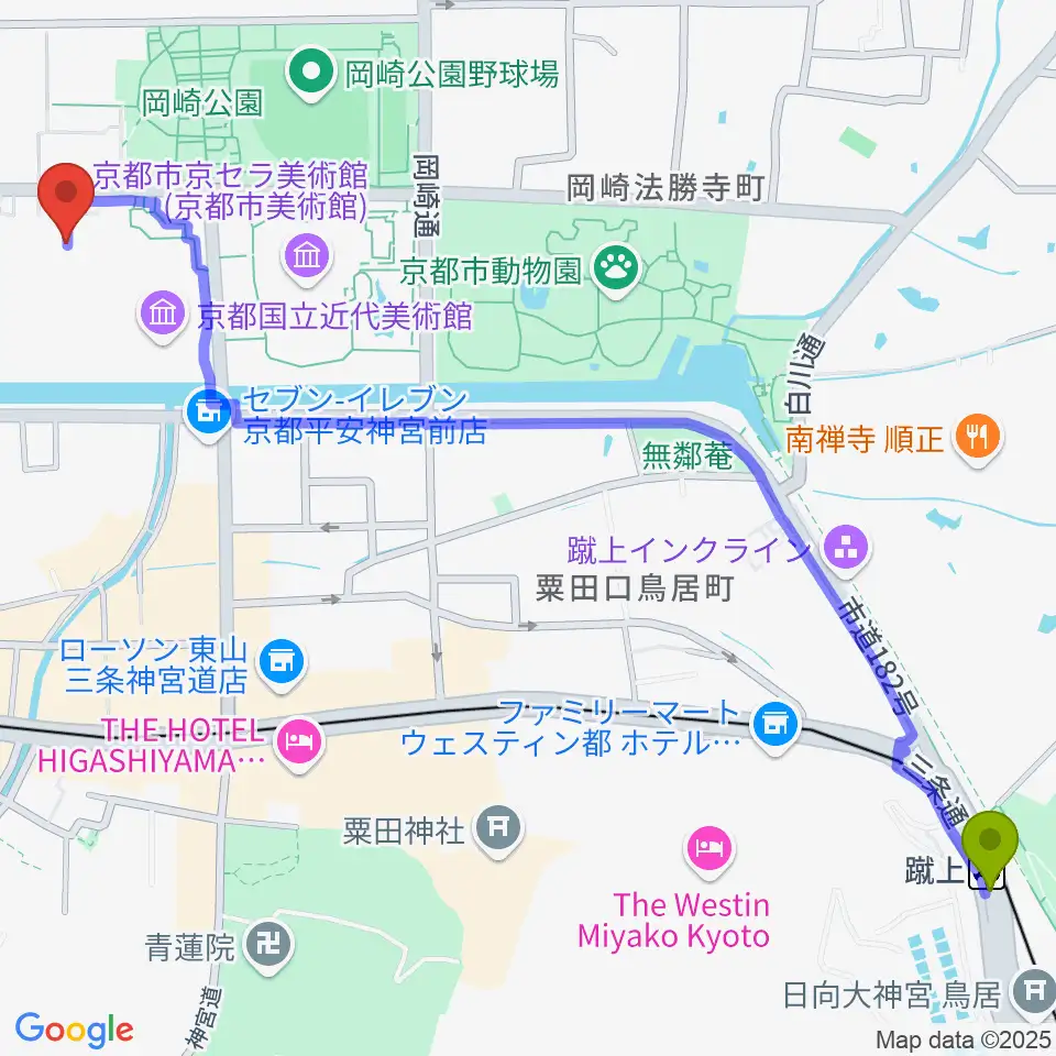 蹴上駅から京都伝統産業ミュージアムへのルートマップ地図