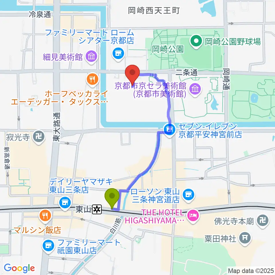 京都伝統産業ミュージアムの最寄駅東山駅からの徒歩ルート（約7分）地図