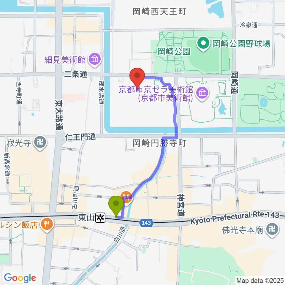 京都伝統産業ミュージアムの最寄駅東山駅からの徒歩ルート（約7分）地図