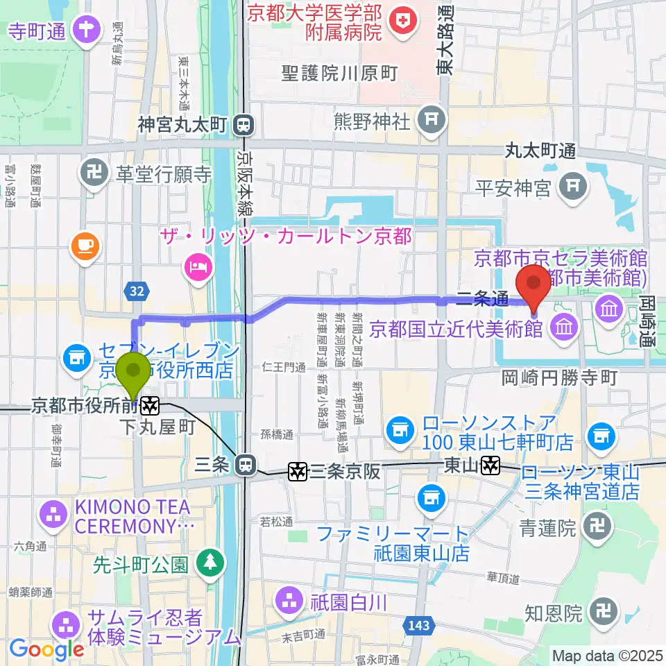 京都市役所前駅から京都伝統産業ミュージアムへのルートマップ地図