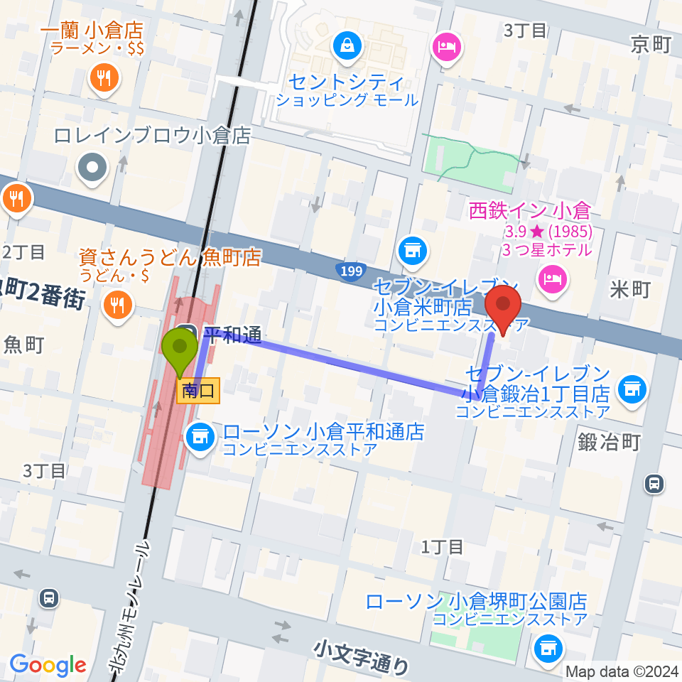 小倉ギャラリー・ソープの最寄駅平和通駅からの徒歩ルート（約4分）地図