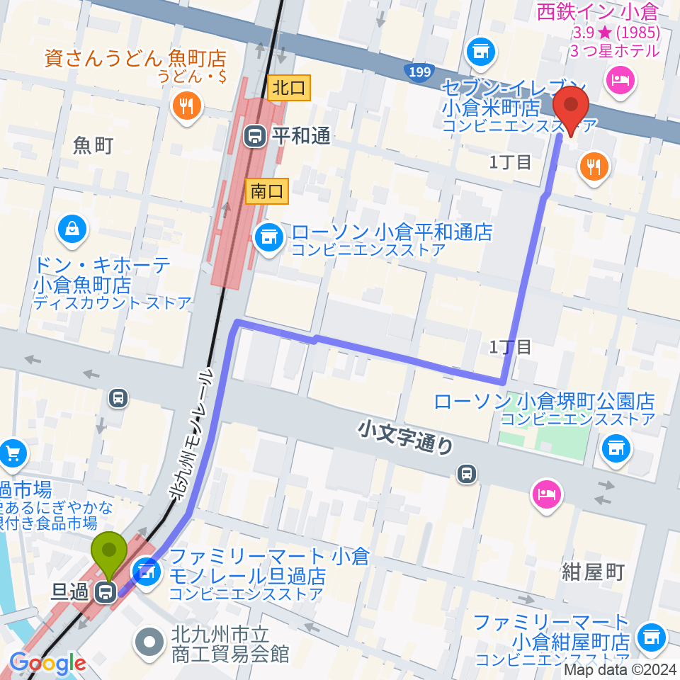 旦過駅から小倉ギャラリー・ソープへのルートマップ地図