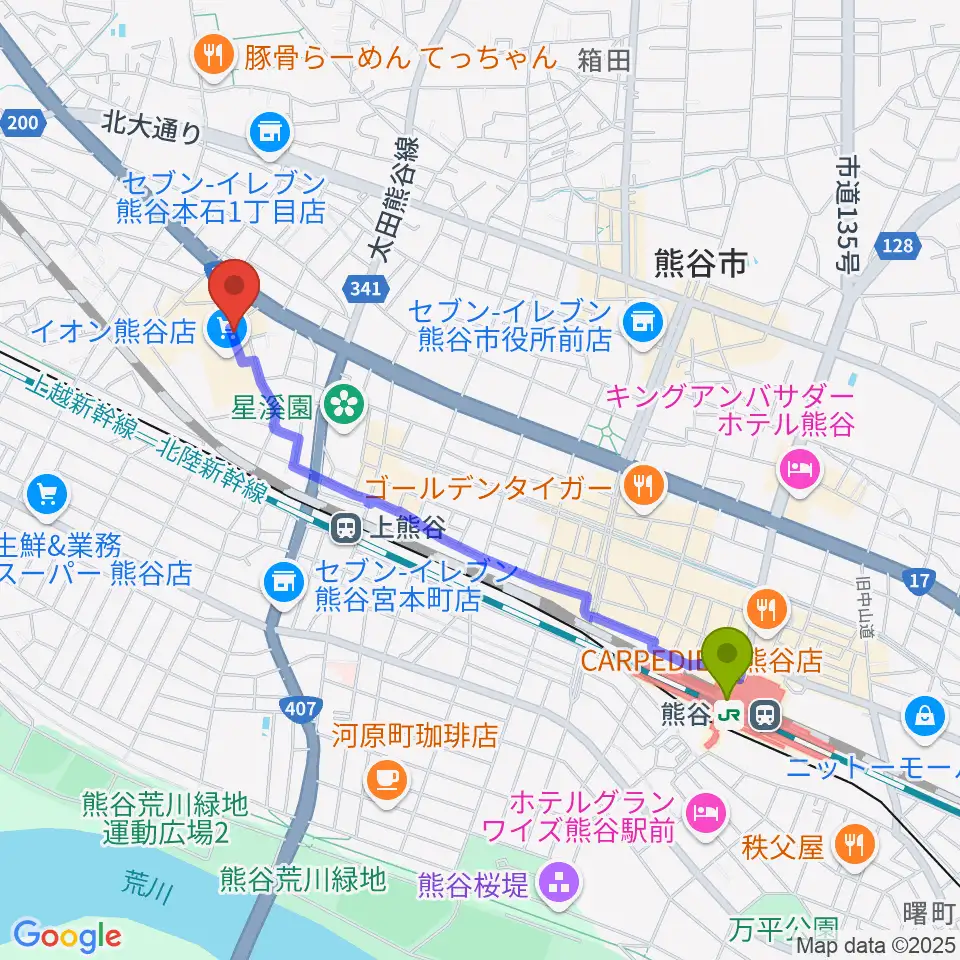 熊谷駅から熊谷カルチャーセンターへのルートマップ地図