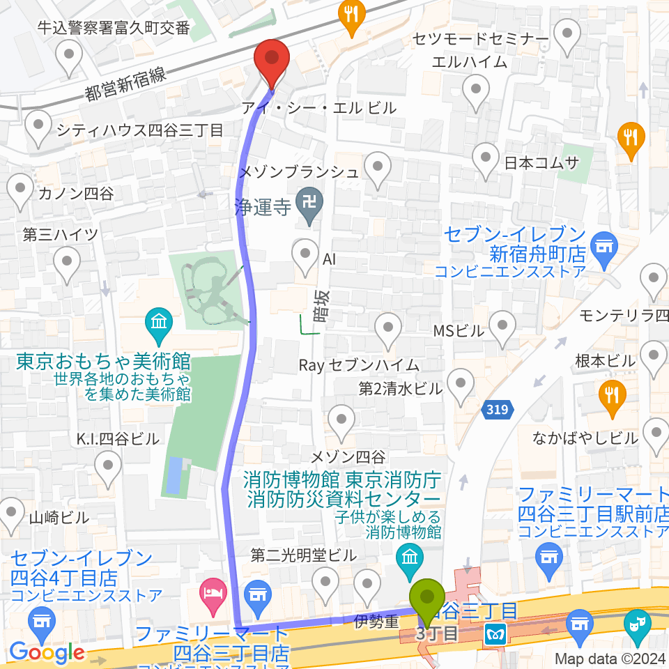 四谷三丁目駅から曙橋JAZZBAR FILL INへのルートマップ地図