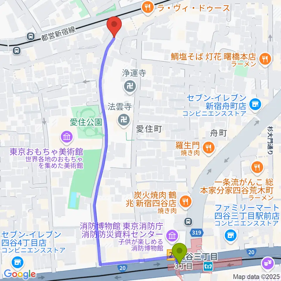 四谷三丁目駅から曙橋JAZZBAR FILL INへのルートマップ地図