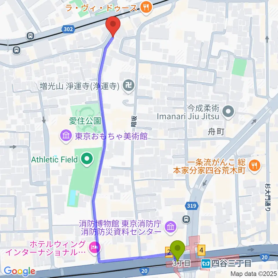 四谷三丁目駅から曙橋JAZZBAR FILL INへのルートマップ地図