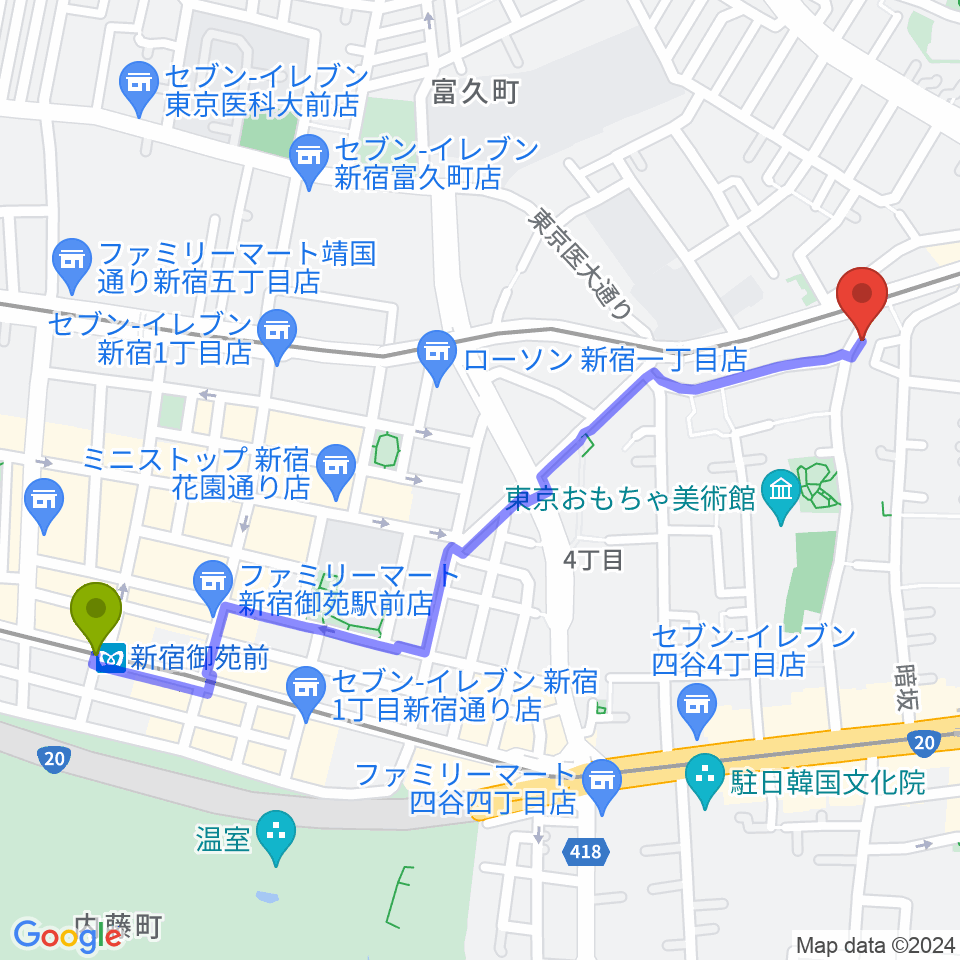 新宿御苑前駅から曙橋JAZZBAR FILL INへのルートマップ地図