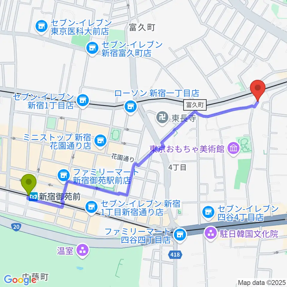 新宿御苑前駅から曙橋JAZZBAR FILL INへのルートマップ地図