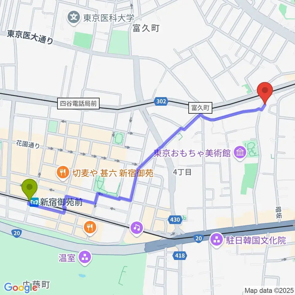 新宿御苑前駅から曙橋JAZZBAR FILL INへのルートマップ地図