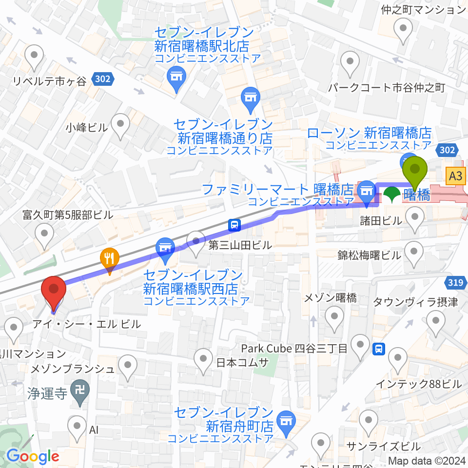 曙橋JAZZBAR FILL INの最寄駅曙橋駅からの徒歩ルート（約6分）地図