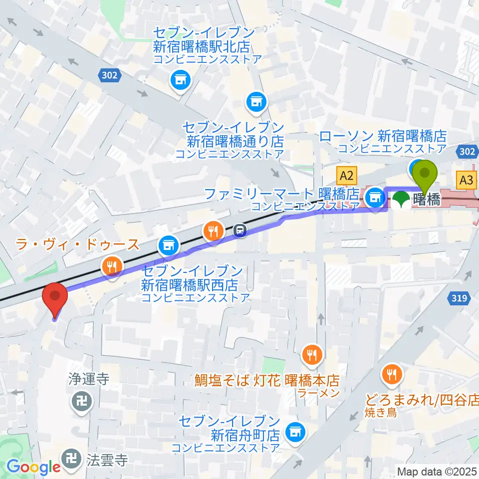 曙橋JAZZBAR FILL INの最寄駅曙橋駅からの徒歩ルート（約6分）地図